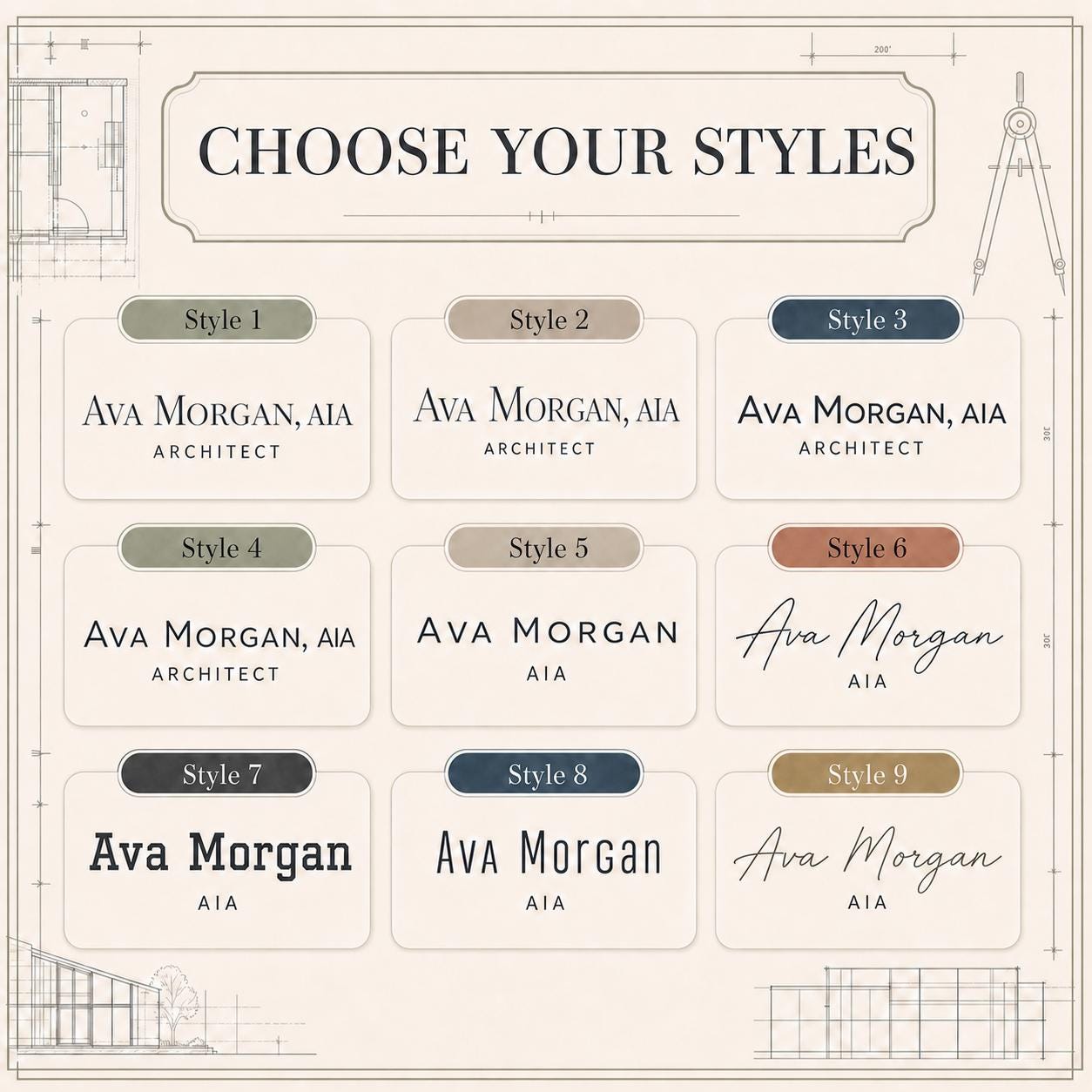 Nine typography styles for the architect acrylic nameplate