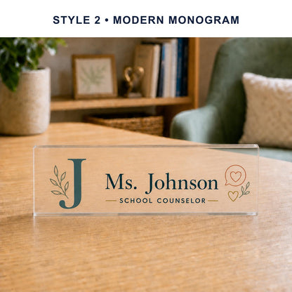 School Counselor Style 2 - Modern Monogram personalized acrylic block nameplate preview with a uniform style banner