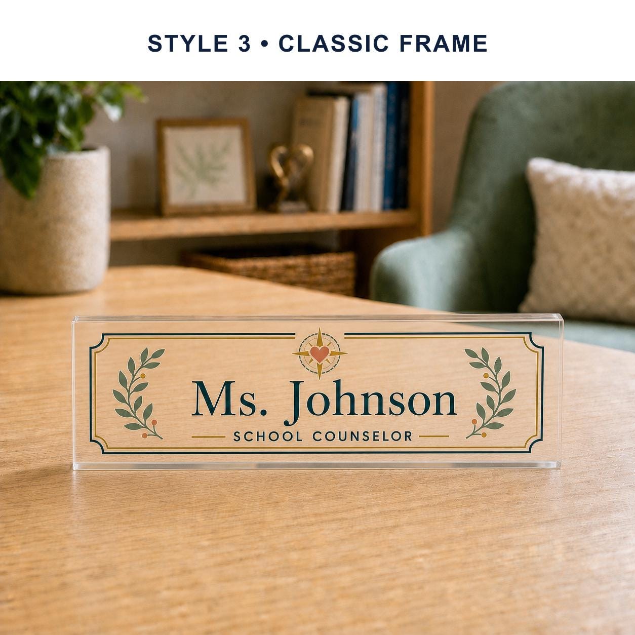 School Counselor Style 3 - Classic Frame personalized acrylic block nameplate preview with a uniform style banner