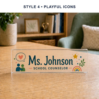 School Counselor Style 4 - Playful Icons personalized acrylic block nameplate preview with a uniform style banner