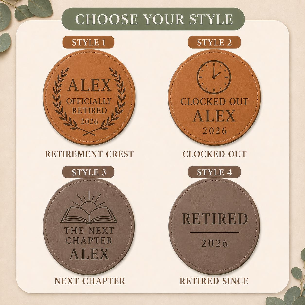 Four engraving styles for retirement leather coasters