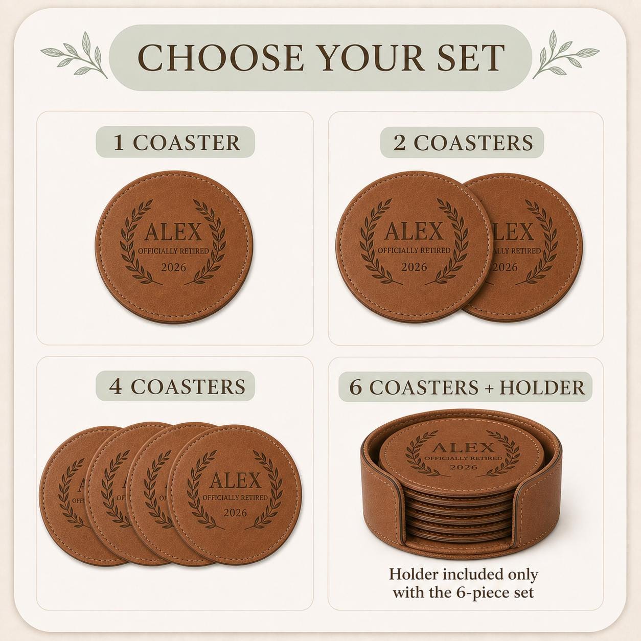 One, two, four, and six-piece retirement leather coasters set options