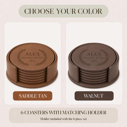 Saddle Tan and Walnut color options for retirement leather coasters