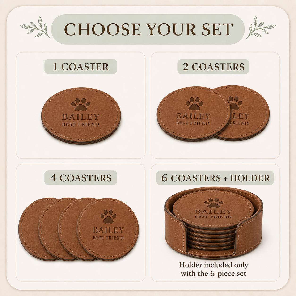 One, two, four, and six-piece pet name leather coasters set options