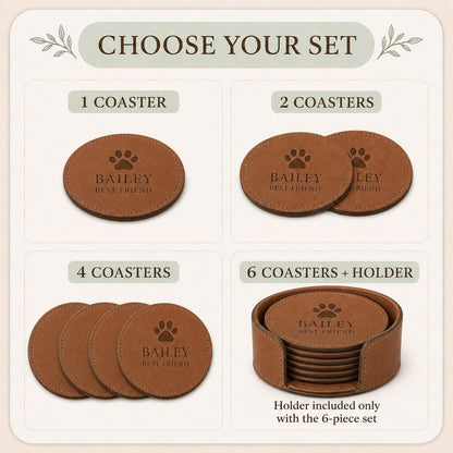 One, two, four, and six-piece pet name leather coasters set options