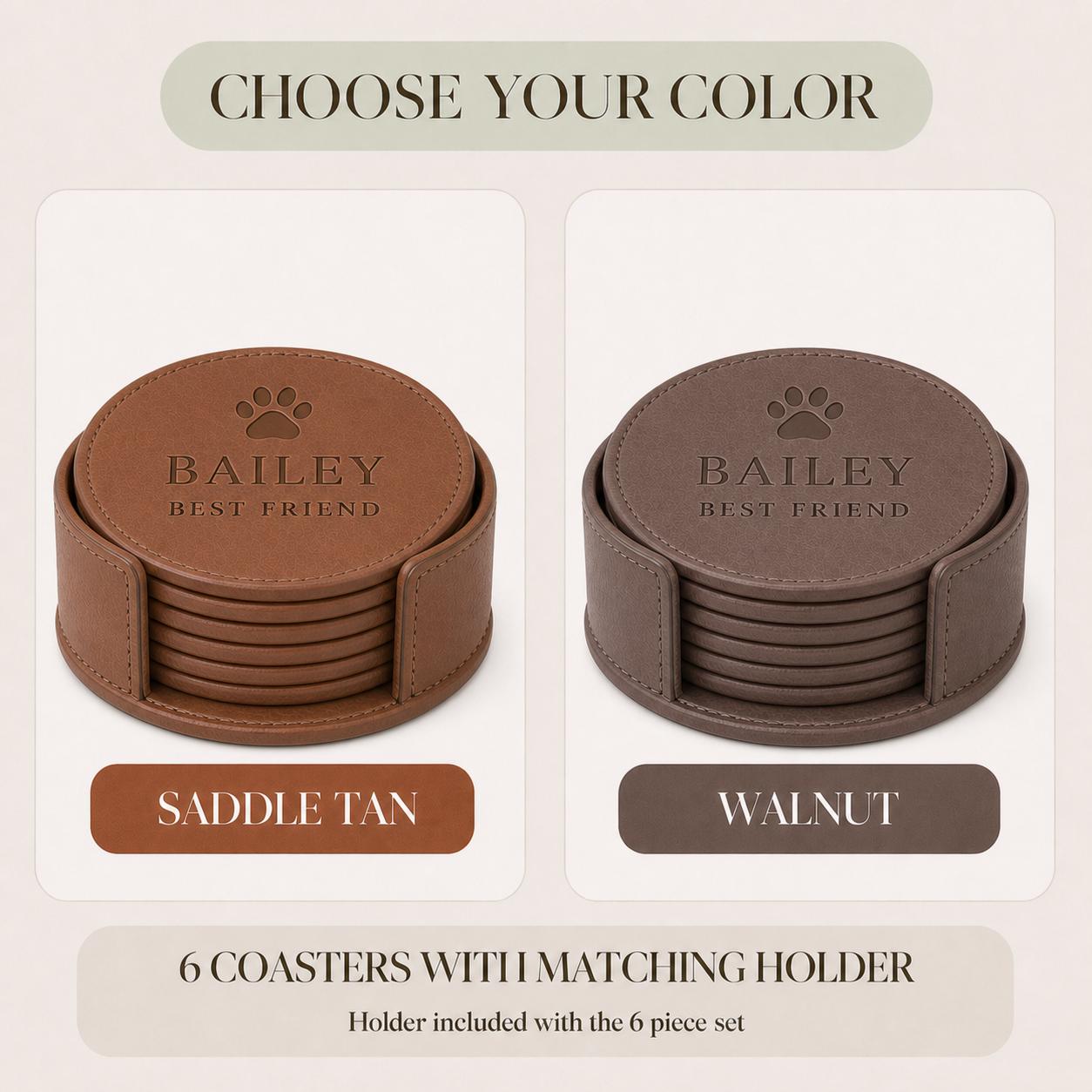 Saddle Tan and Walnut color options for pet name leather coasters
