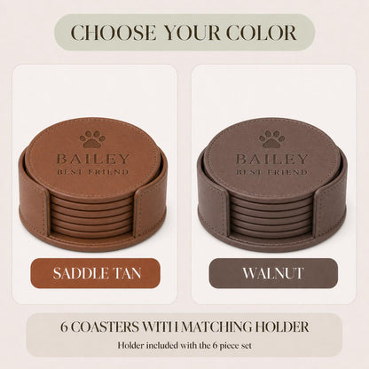 Saddle Tan and Walnut color options for pet name leather coasters