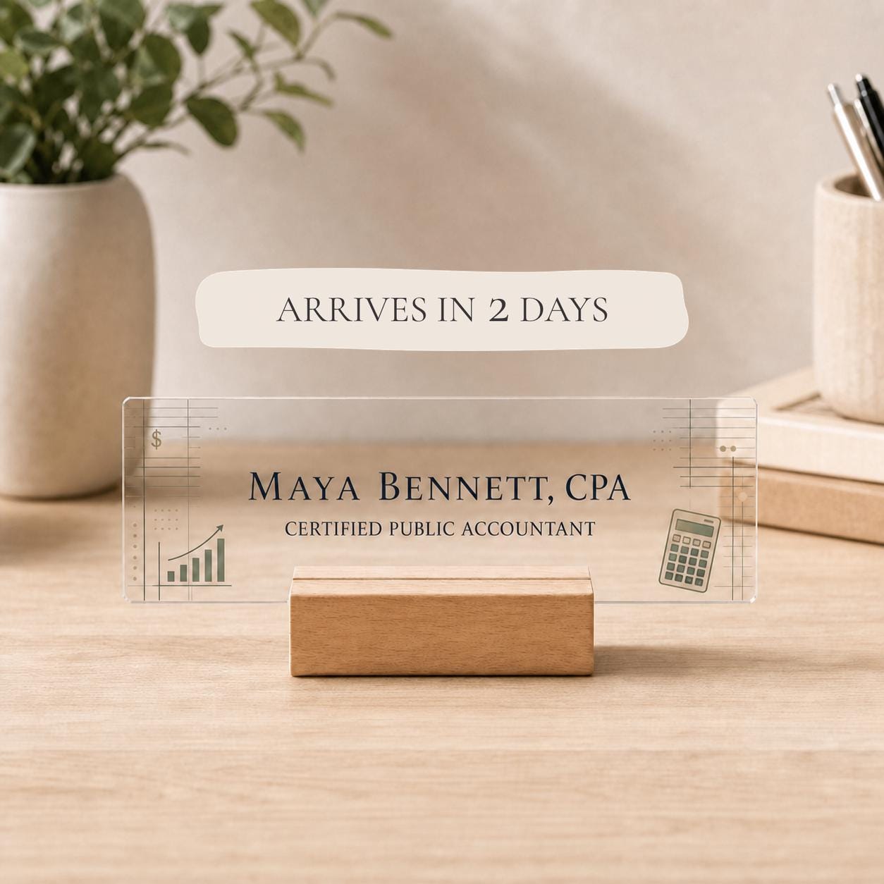 Personalized cpa acrylic nameplate with shipping text to be cleaned before publishing