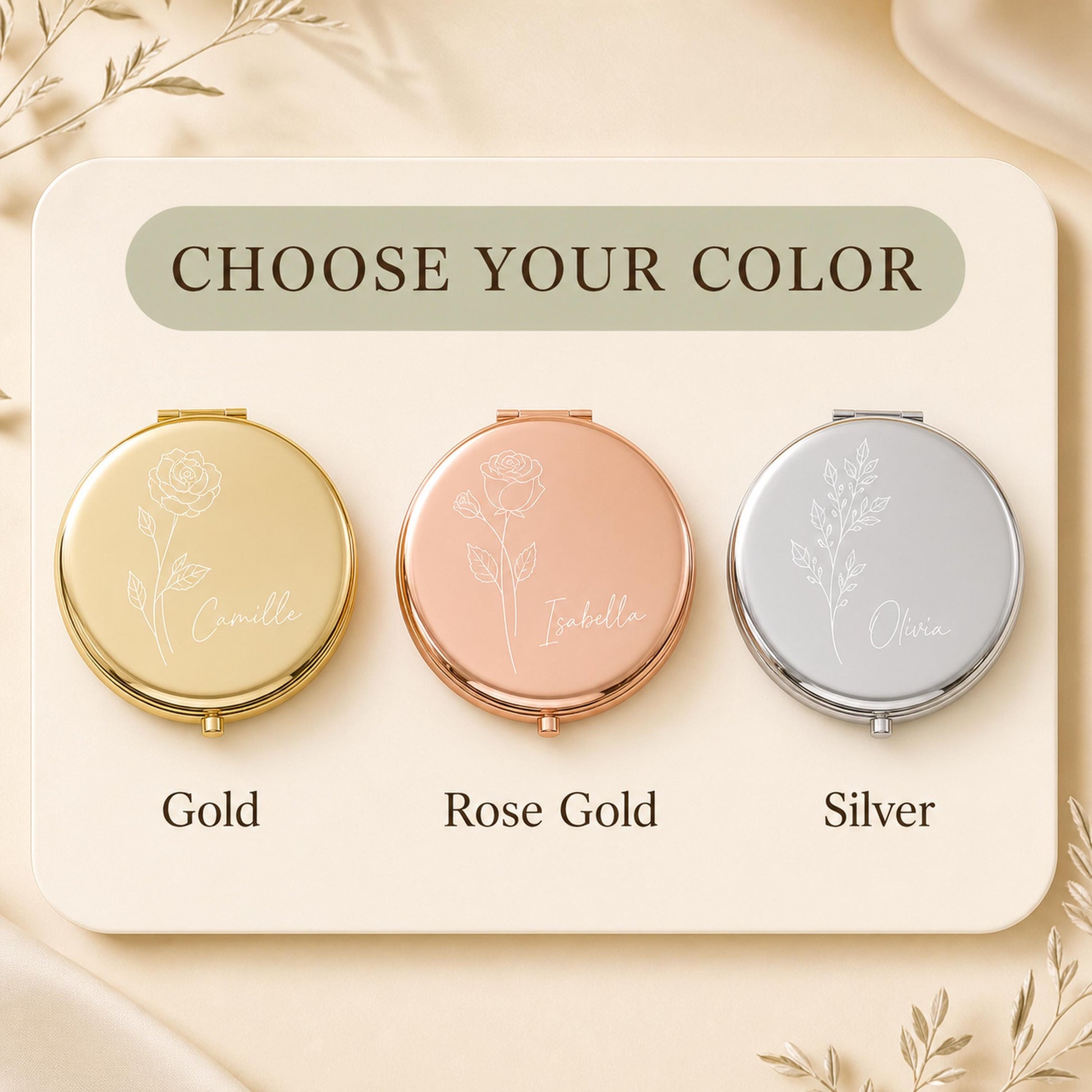 Choose gold rose gold or silver for a personalized bridesmaid pocket mirror
