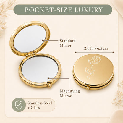 Pocket-size 2.6 inch stainless steel compact with standard and magnifying mirrors