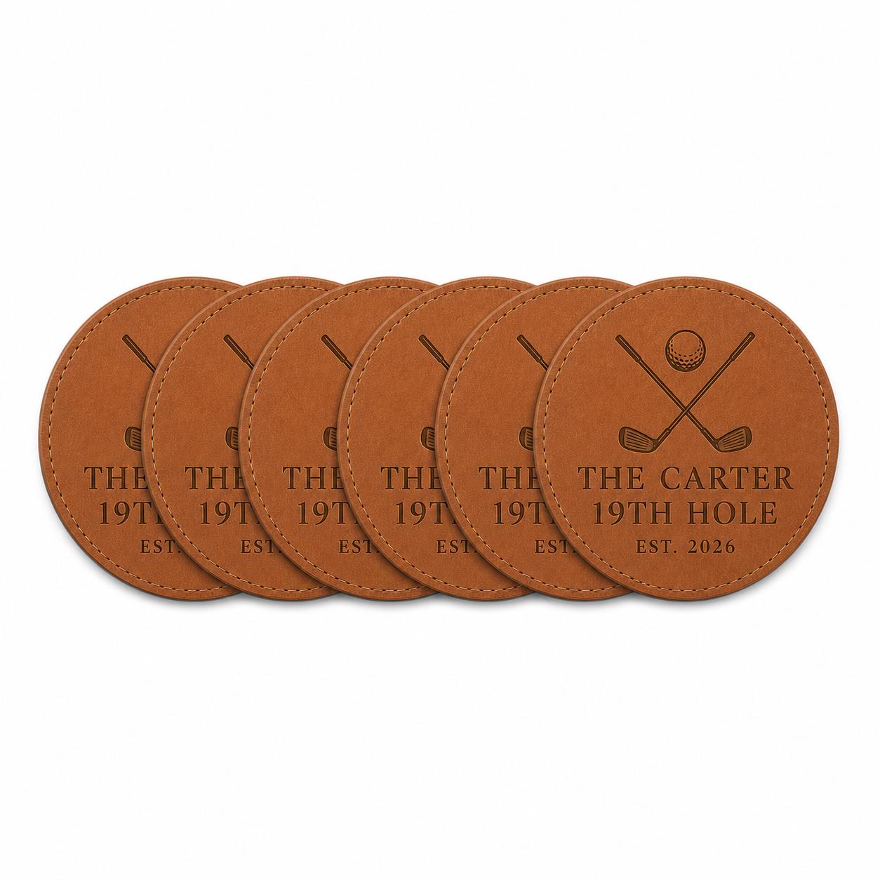 Six personalized golf leather coasters in Saddle Tan and Walnut
