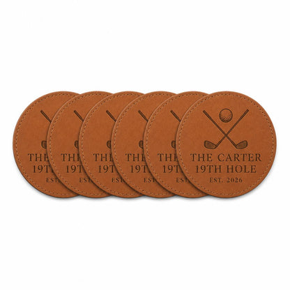 Six personalized golf leather coasters in Saddle Tan and Walnut