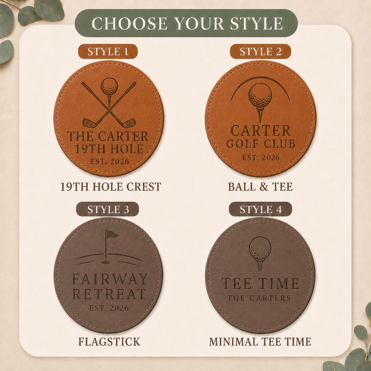 Four engraving styles for golf leather coasters