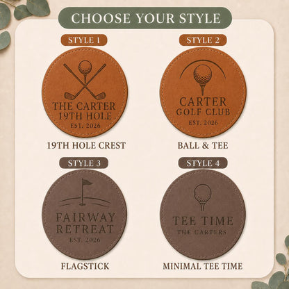 Four engraving styles for golf leather coasters