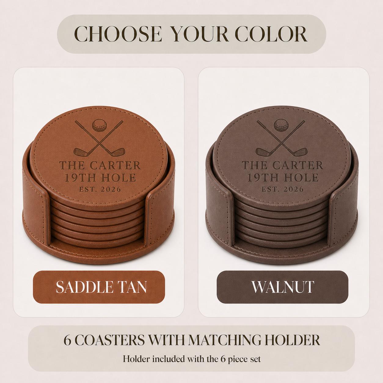 Saddle Tan and Walnut color options for golf leather coasters