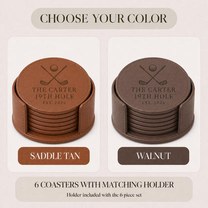 Saddle Tan and Walnut color options for golf leather coasters