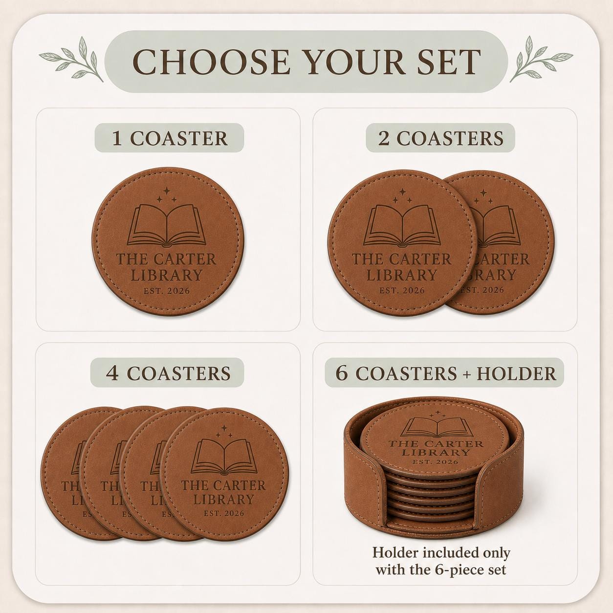 One, two, four, and six-piece book lover leather coasters set options