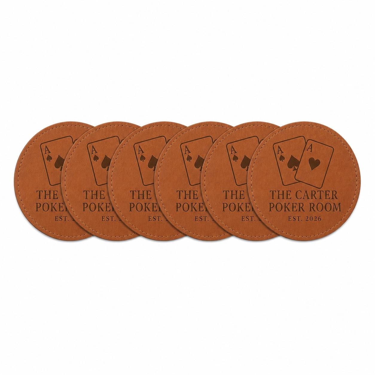 Six personalized poker night leather coasters in Saddle Tan and Walnut