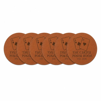 Six personalized poker night leather coasters in Saddle Tan and Walnut