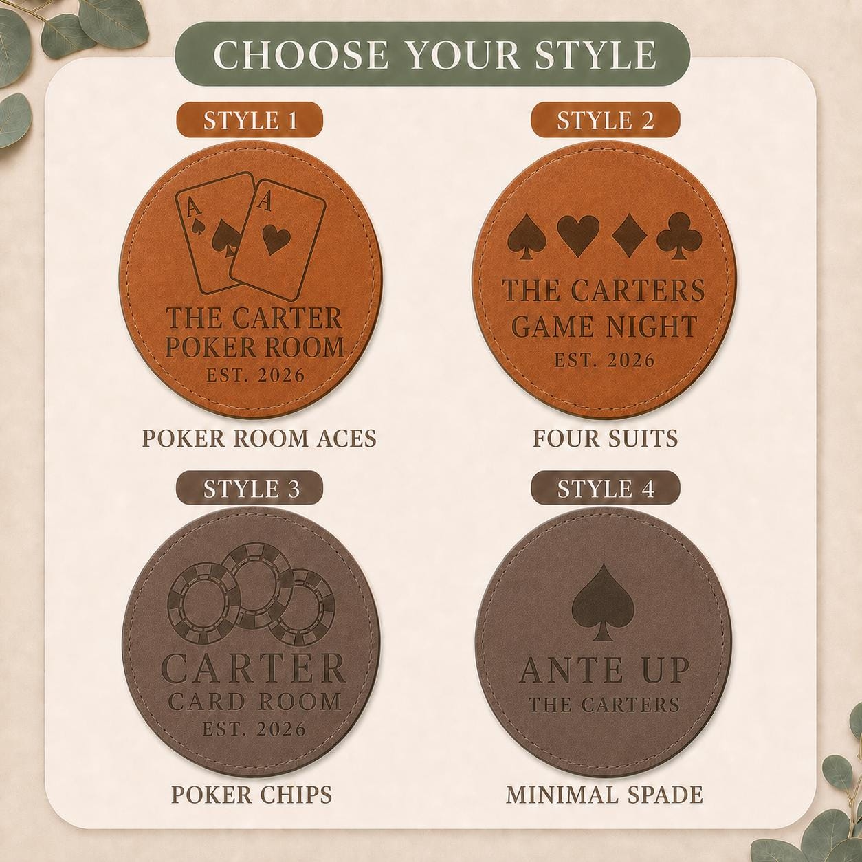 Four engraving styles for poker night leather coasters