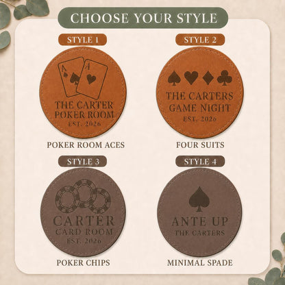 Four engraving styles for poker night leather coasters