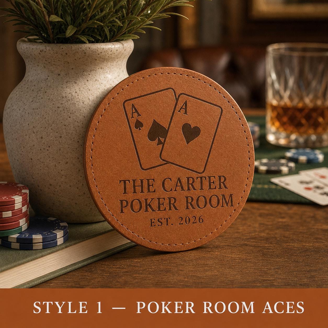 Style 1 poker night leather coasters