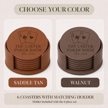Saddle Tan and Walnut color options for poker night leather coasters
