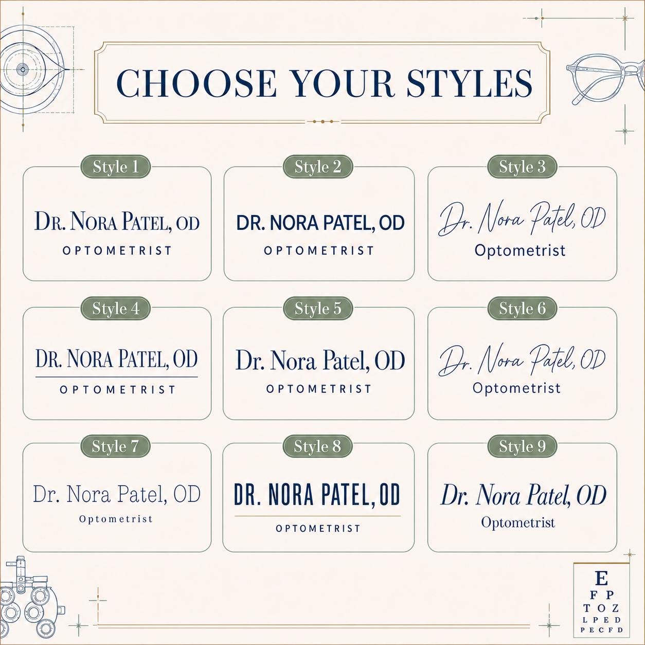 Nine typography styles for the optometrist acrylic nameplate