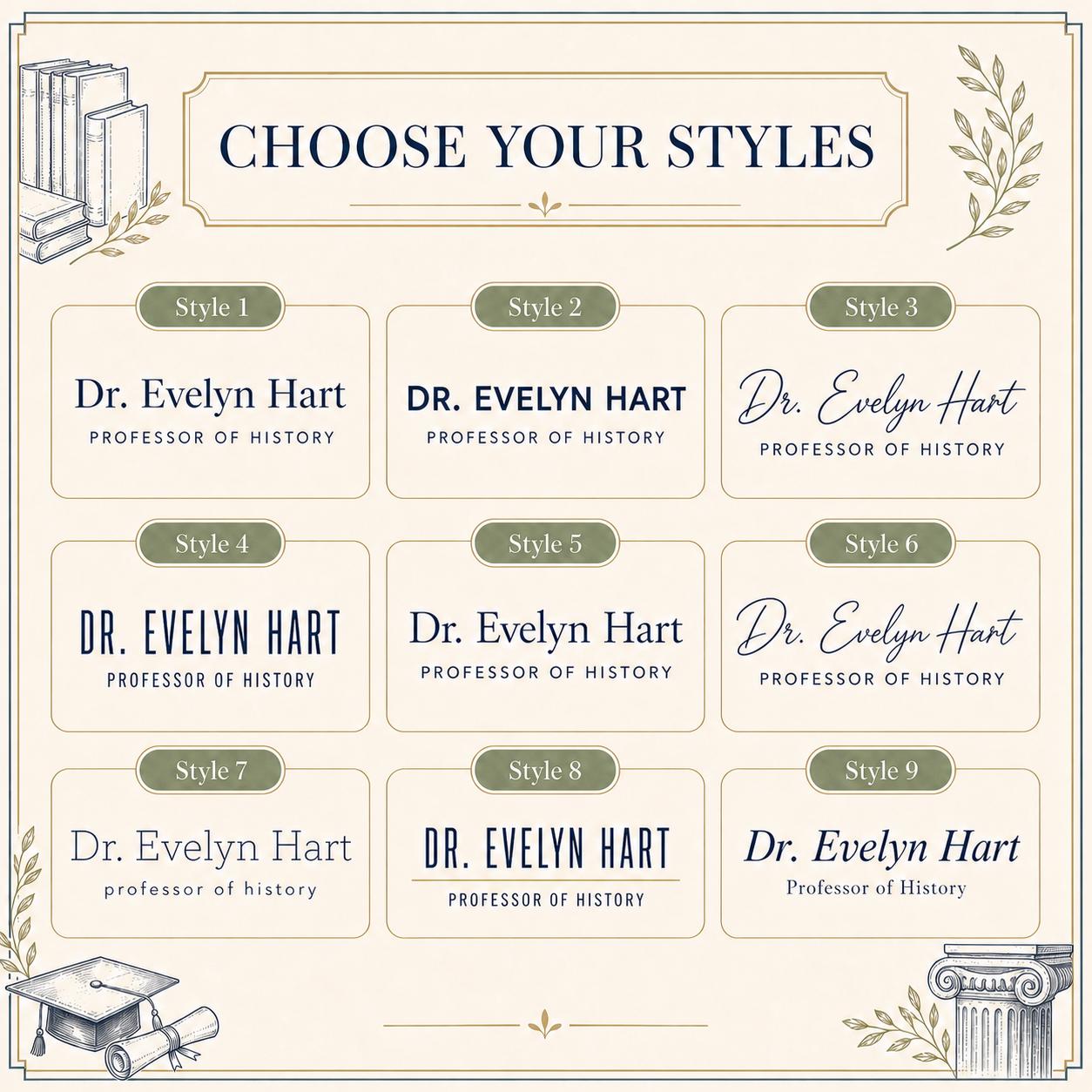 Nine typography styles for the professor acrylic nameplate