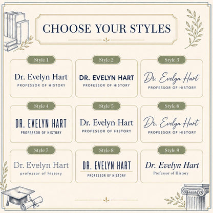Nine typography styles for the professor acrylic nameplate