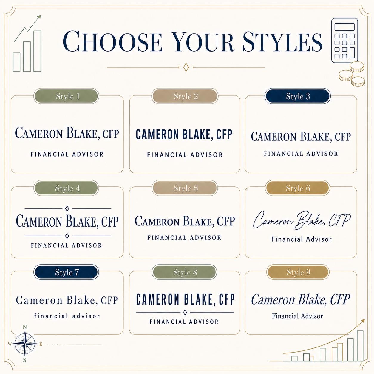 Nine typography styles for the financial advisor acrylic nameplate