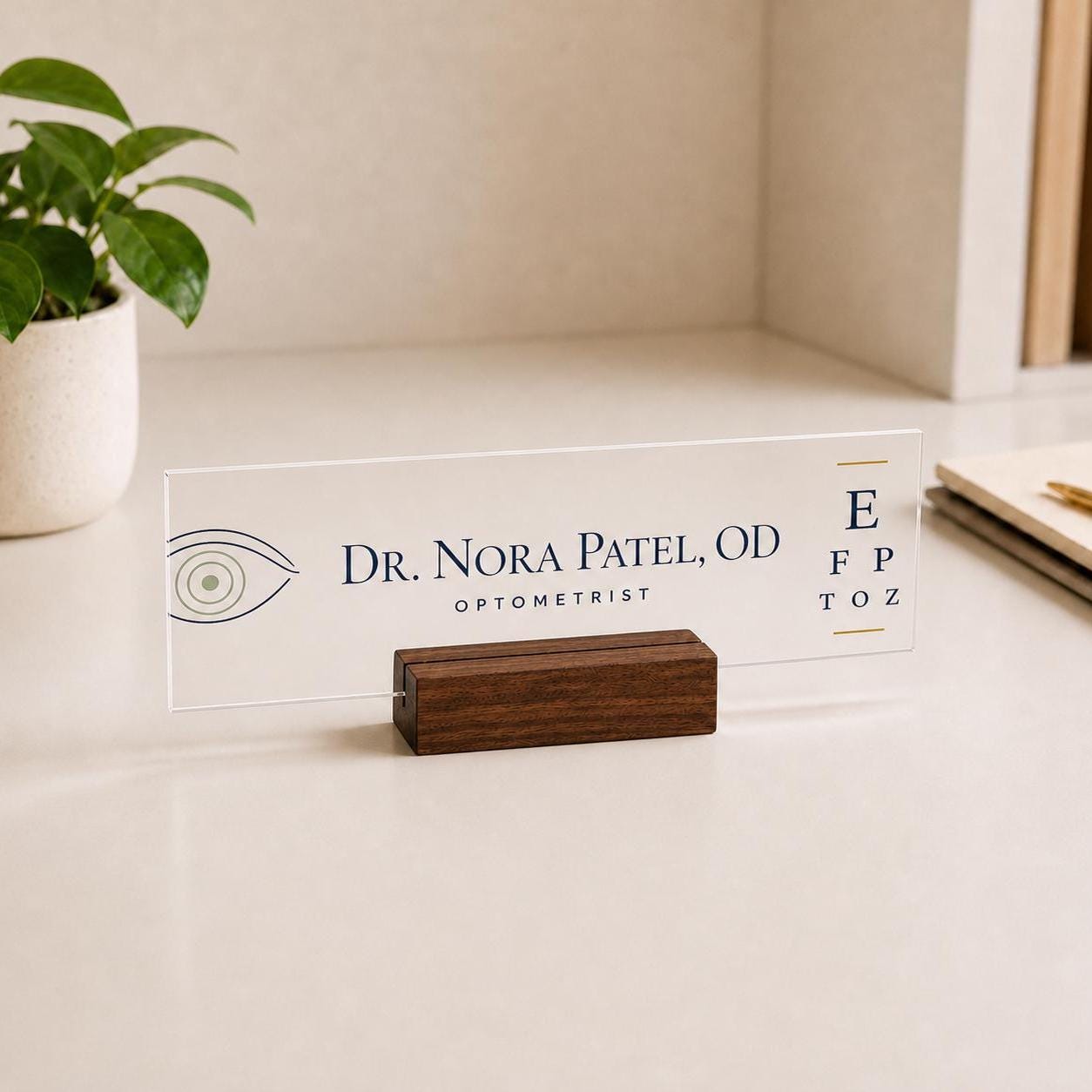 Personalized optometrist acrylic nameplate design example