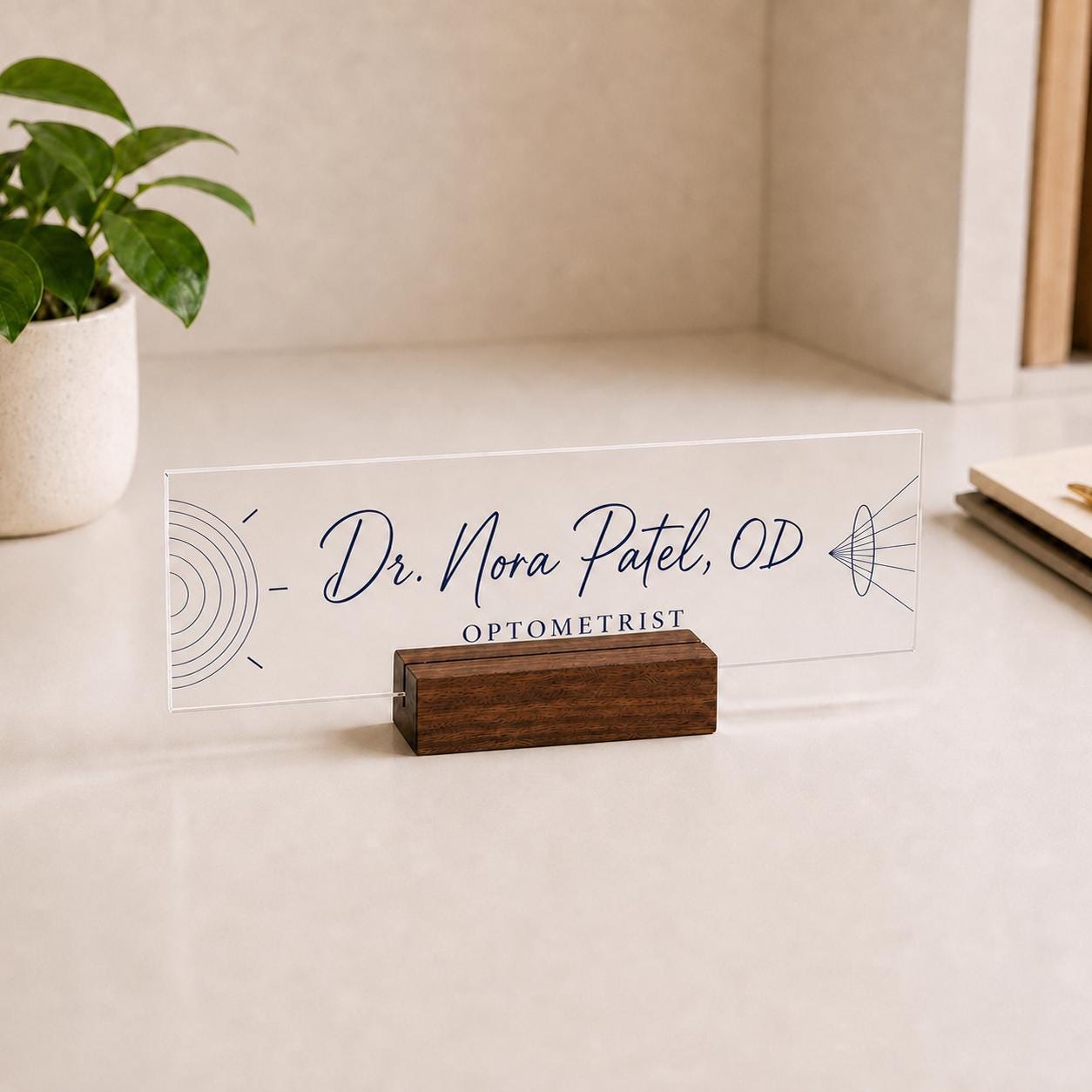 Personalized optometrist acrylic nameplate design example