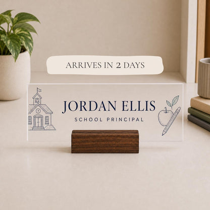 Personalized principal acrylic nameplate with shipping text to be cleaned before publishing