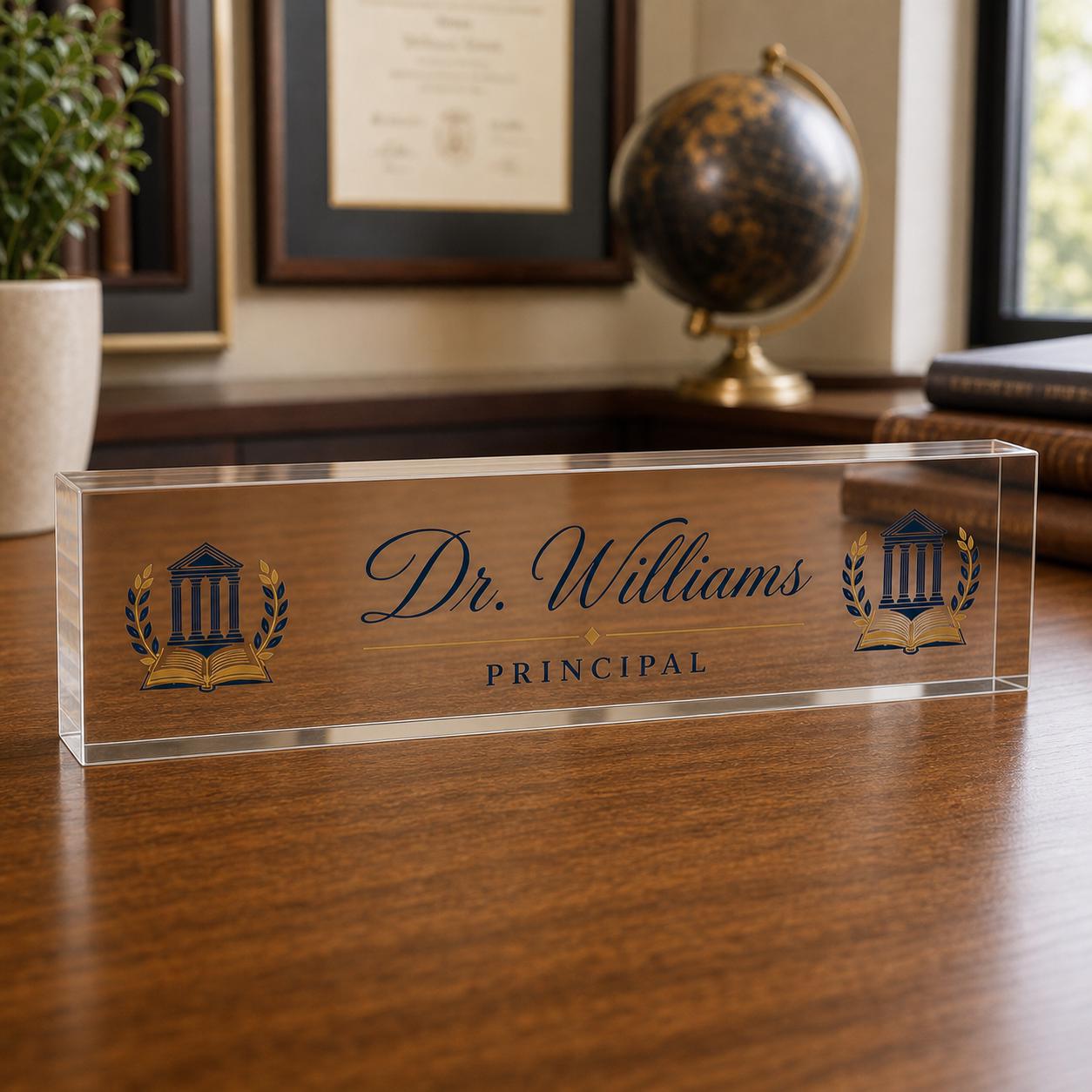 Principal personalized transparent acrylic block nameplate in a classic school administrator office