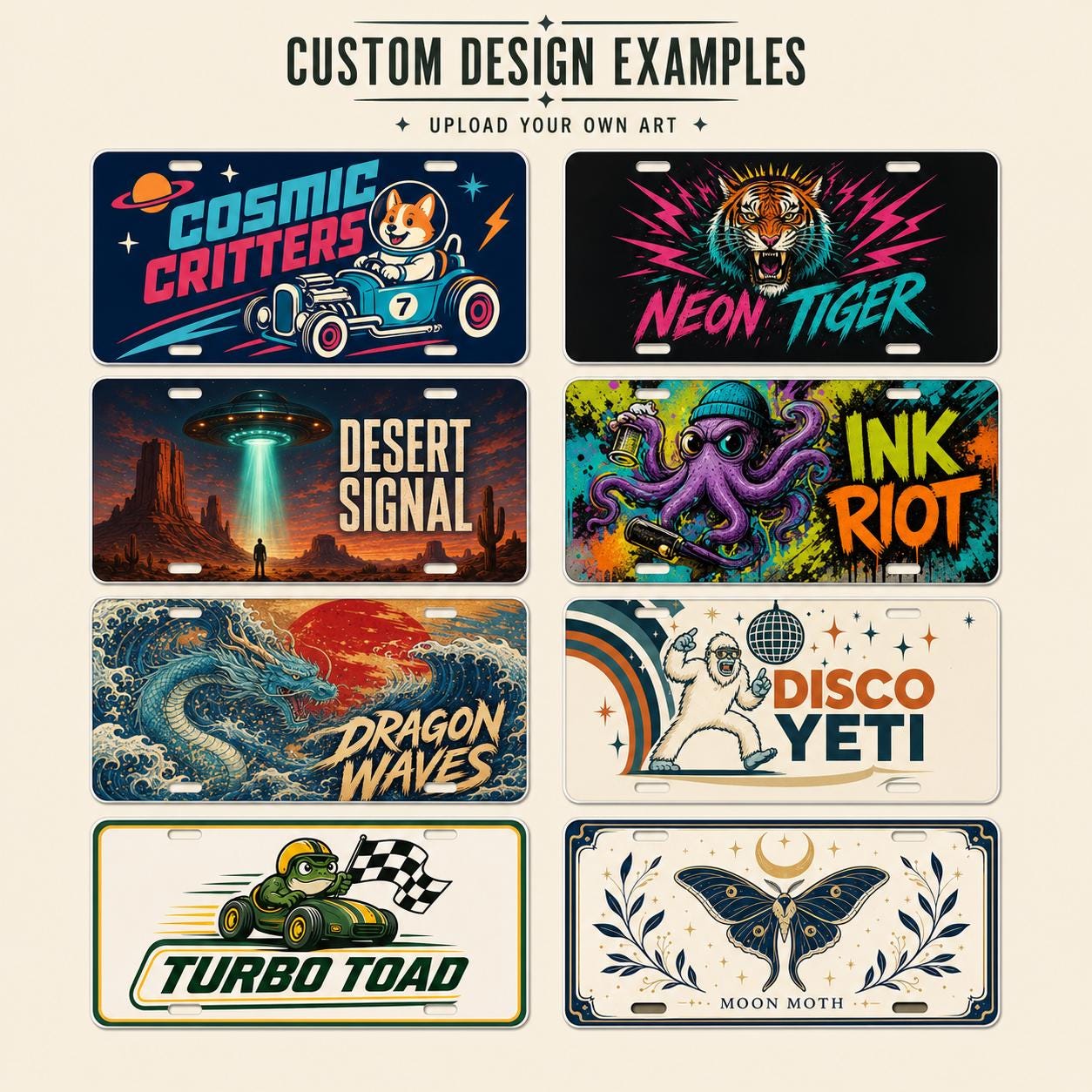 Eight distinct custom license plate examples showing vector, poster, mascot, botanical, graffiti, and photo-style artwork.