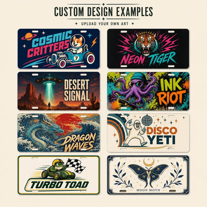 Eight distinct custom license plate examples showing vector, poster, mascot, botanical, graffiti, and photo-style artwork.