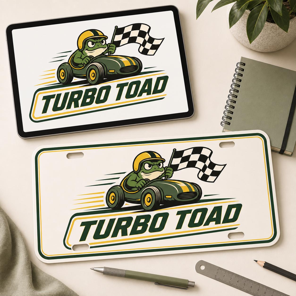 Matching Turbo Toad vector artwork shown on a tablet and on the finished personalized aluminum plate.