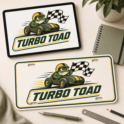 Matching Turbo Toad vector artwork shown on a tablet and on the finished personalized aluminum plate.