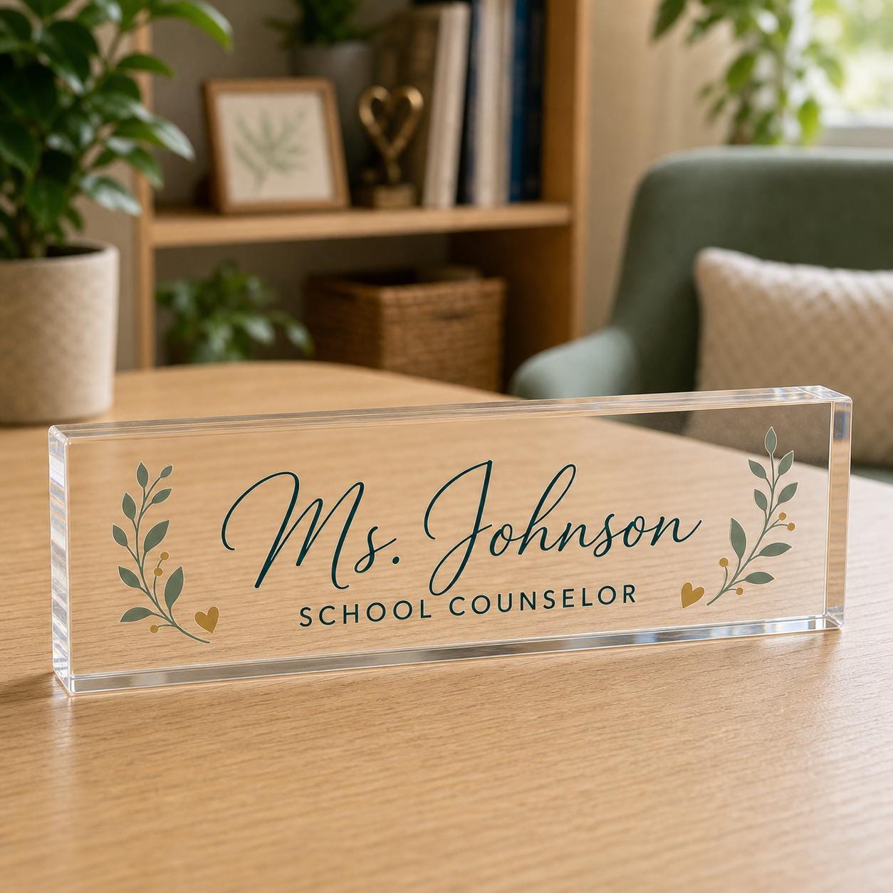 School Counselor personalized clear acrylic block nameplate in exact Style 1 on a calm counseling office desk