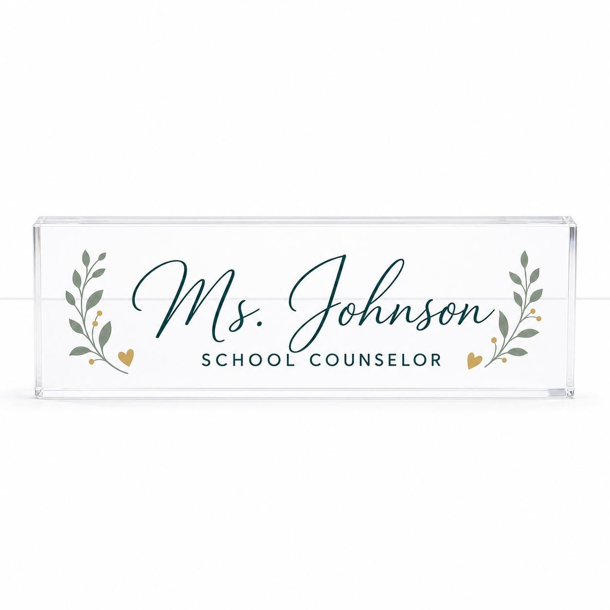 School Counselor personalized clear acrylic block nameplate in exact Style 1 on a white studio background