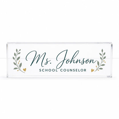School Counselor personalized clear acrylic block nameplate in exact Style 1 on a white studio background