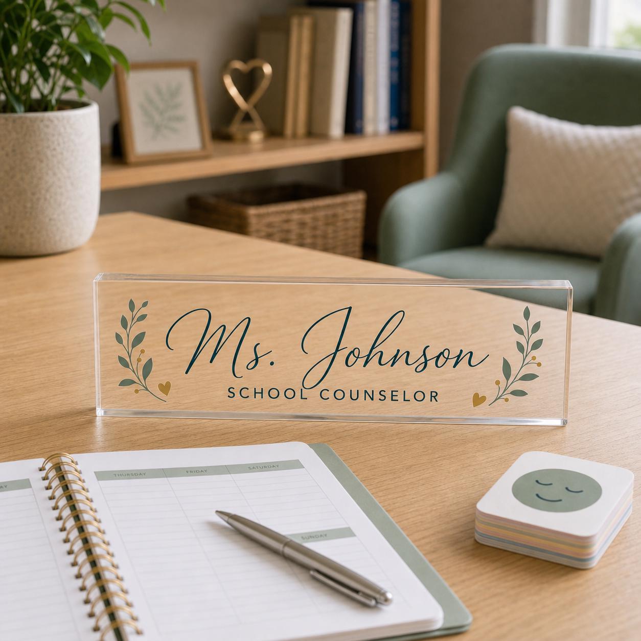 School Counselor exact Style 1 personalized acrylic block beside a planner and emotion cards