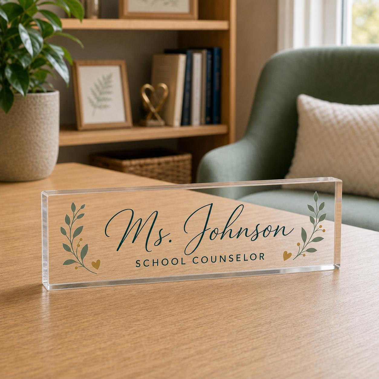 School Counselor exact Style 1 personalized clear acrylic block in a warm school counseling office