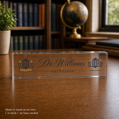 Principal personalized transparent acrylic block nameplate exact purchasable Style 1 standing on its own with no separate base