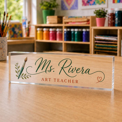 Art Teacher personalized transparent acrylic block nameplate thumbnail in exact purchasable Style 1 in a role-specific workspace