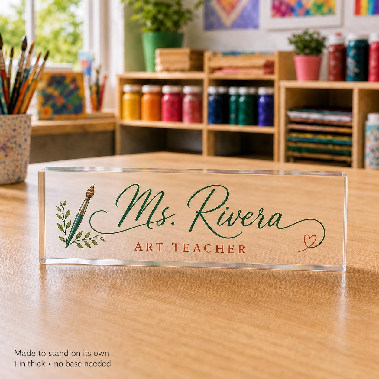 Art Teacher personalized transparent acrylic block nameplate exact purchasable Style 1 standing on its own with no separate base