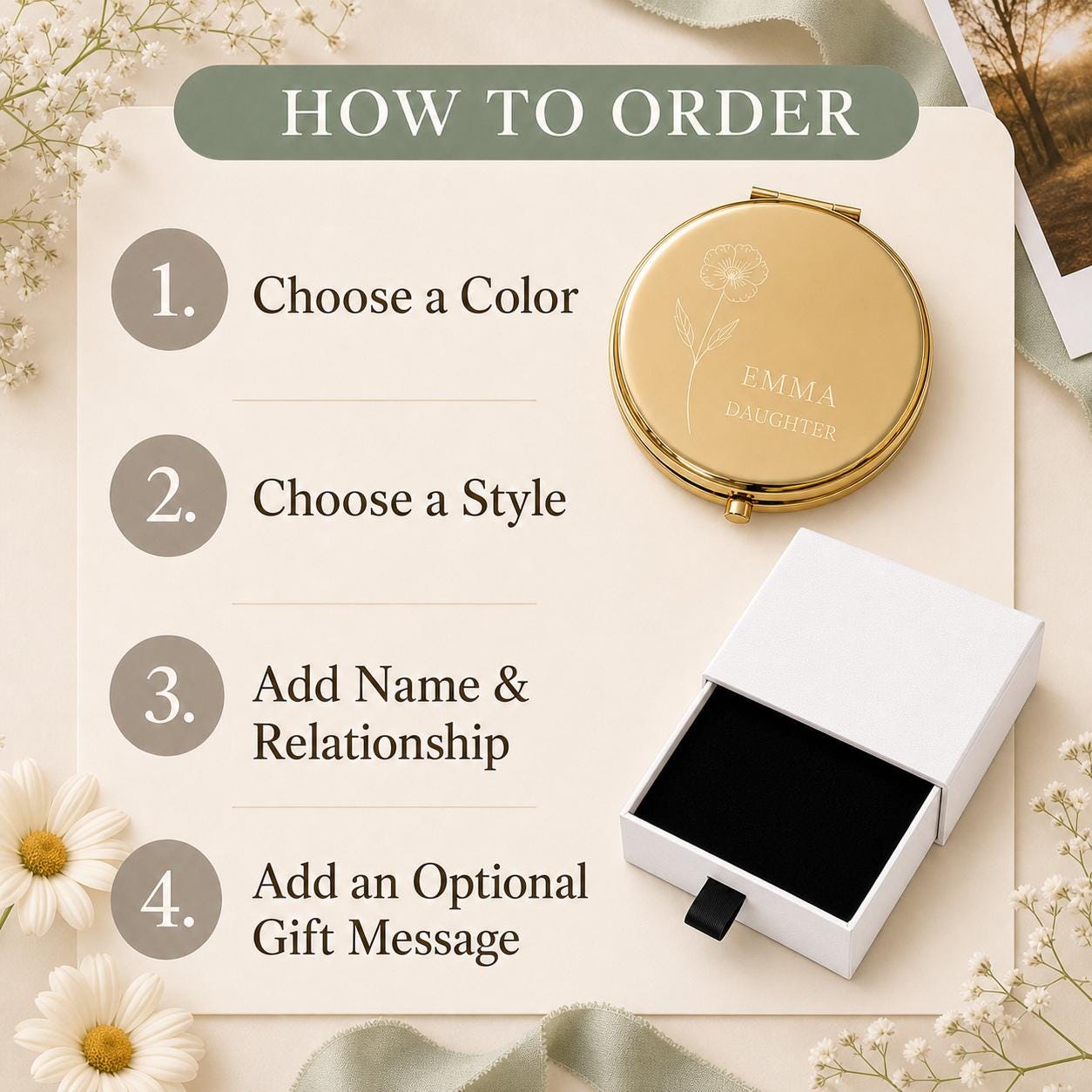 How to order a personalized Daughter Granddaughter or Niece compact mirror with color style wording and gift message