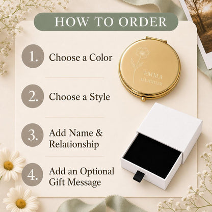 How to order a personalized Daughter Granddaughter or Niece compact mirror with color style wording and gift message