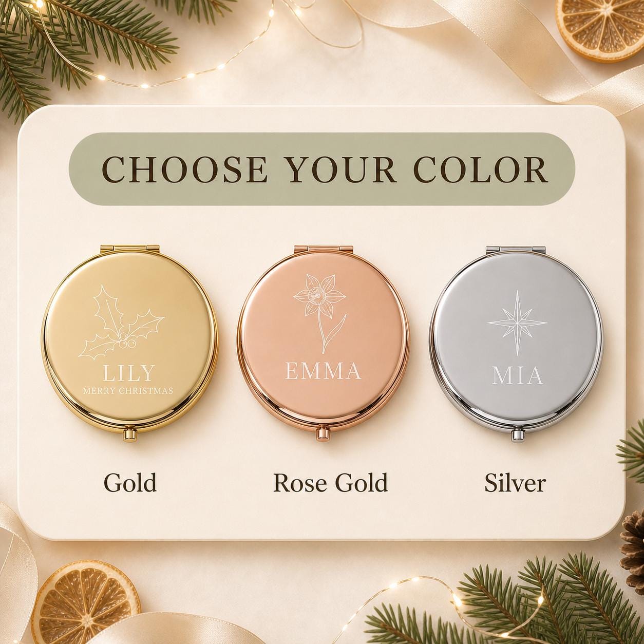 Choose gold rose gold or silver for a personalized Christmas Daughter Niece or Tween pocket mirror